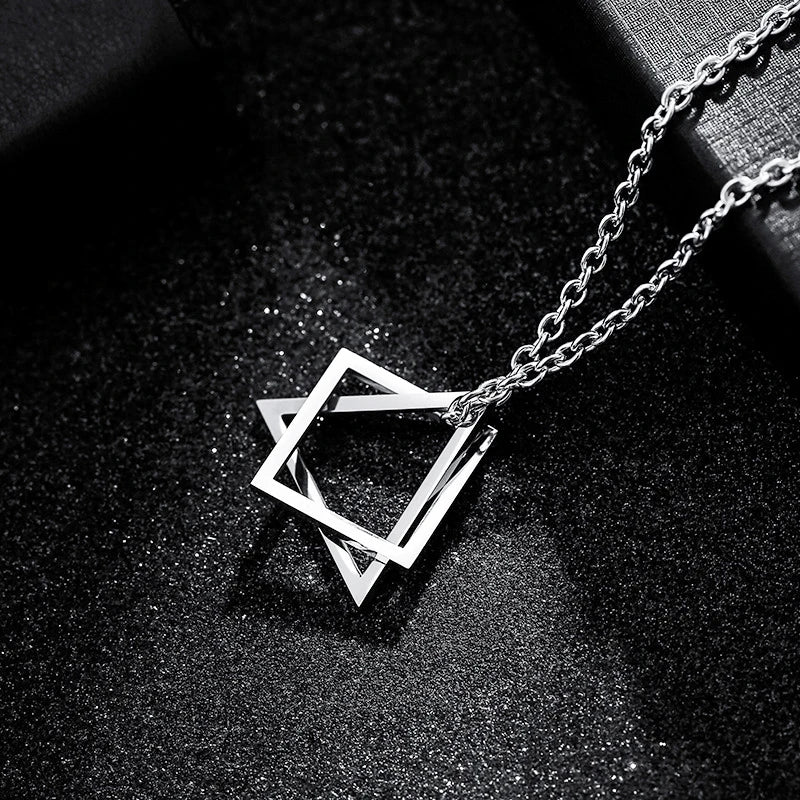 Unisex Geometric Stainless Steel Pendant Necklace – Punk Triangle; Square Interlocking Chain