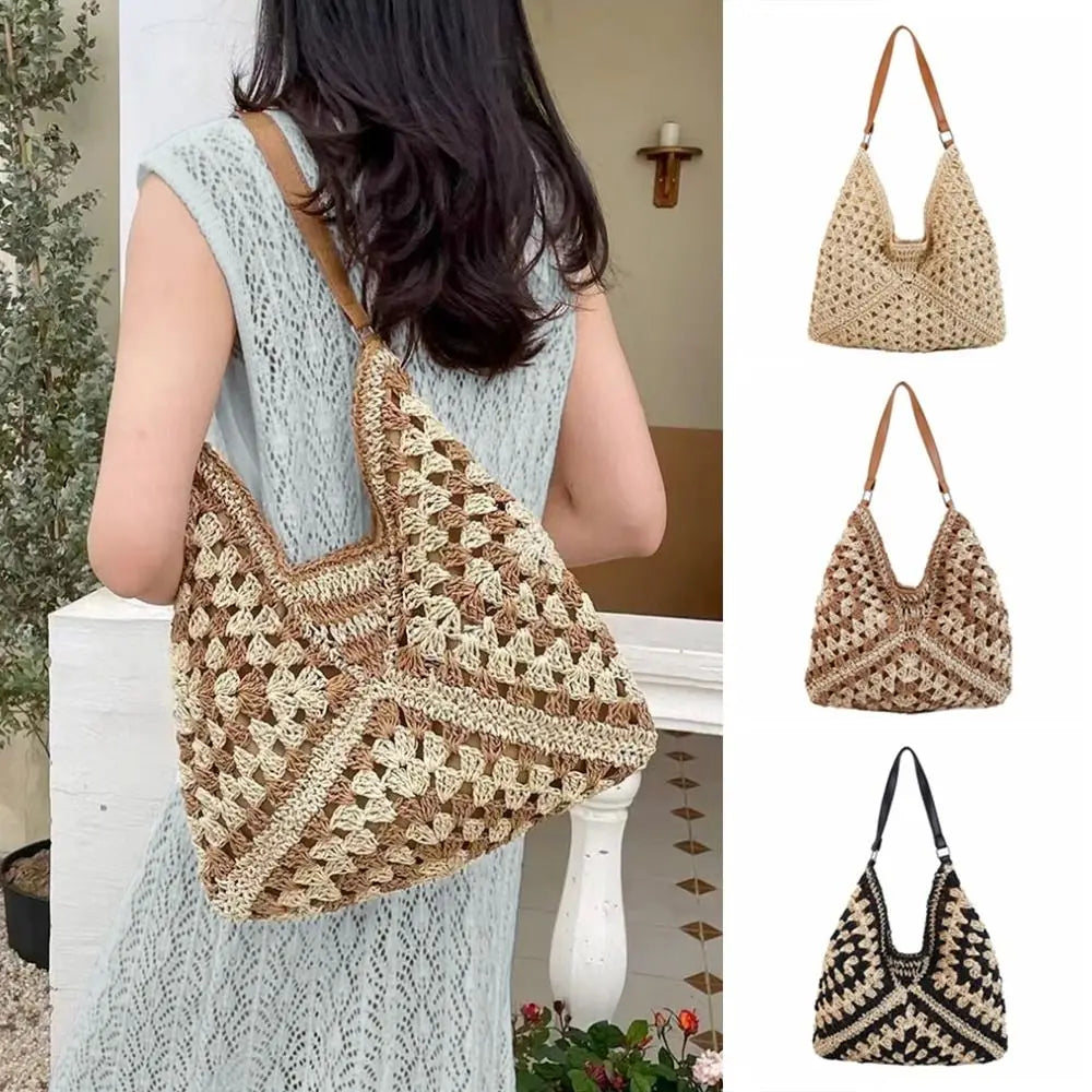 Straw Crochet Bag Women | Summer Beach Shoulder Bag Woven Vacation Tote Casual Handbag
