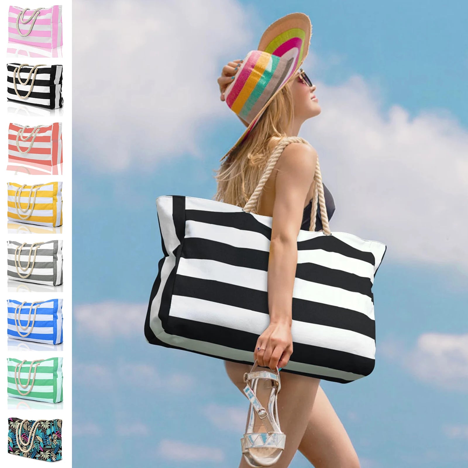 Waterproof Beach Bag Canvas | Foldable Striped Travel Tote Large Capacity Outdoor Bag