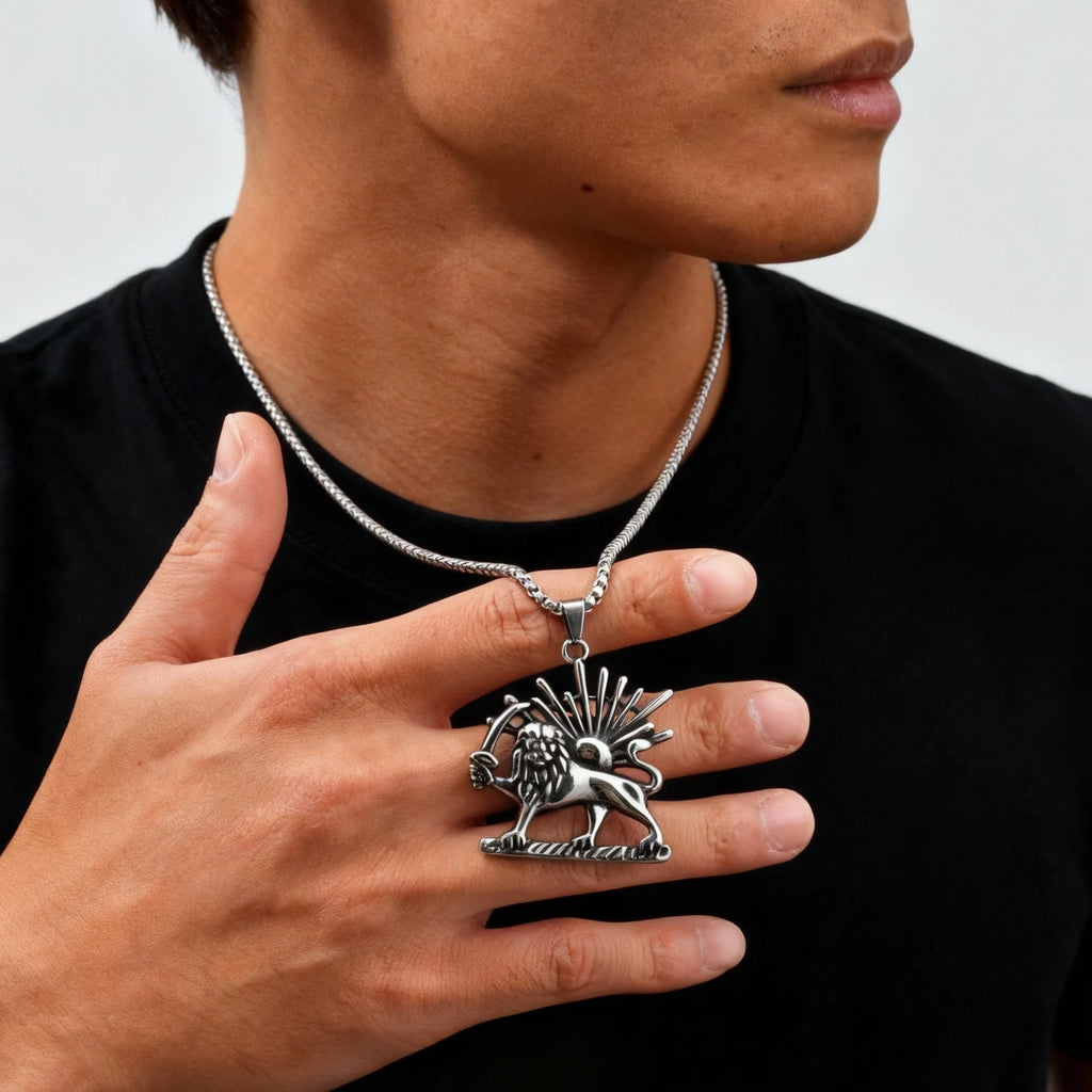 1Persian Lion & Sun Pahlavi Necklace for Men – Silver Color Stainless Steel Iranian Symbol