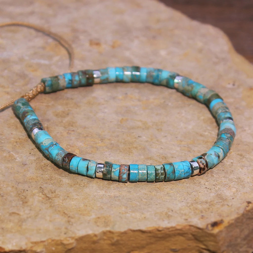 *Turquoise Stone Beaded Bracelet – Adjustable Woven Rope Ethnic Bracelet for Women & Men