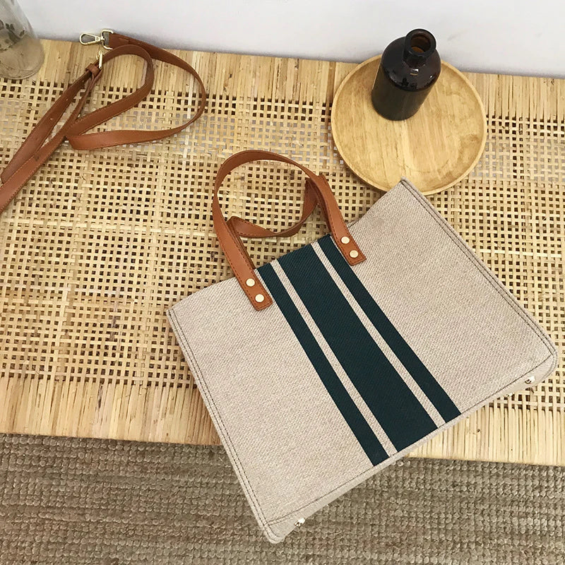 Women’s Canvas Stripe Bucket Bag – Large Capacity Casual Tote with Top Handle & Crossbody Shoulder Strap