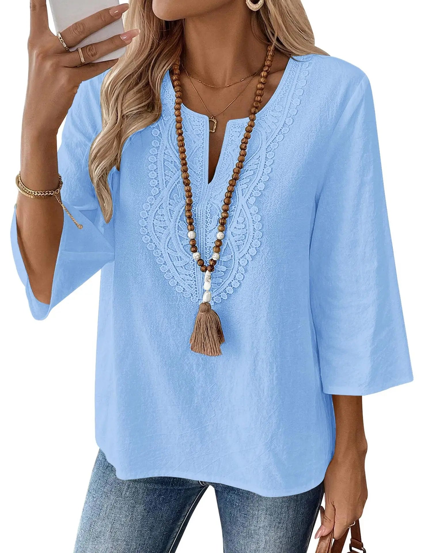 Bohemian Style Blouse Women | Lace Trim V Neck Shirt Bell Sleeve Elegant Spring Summer Top