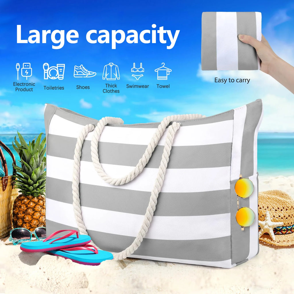 Waterproof Beach Bag Canvas | Foldable Striped Travel Tote Large Capacity Outdoor Bag