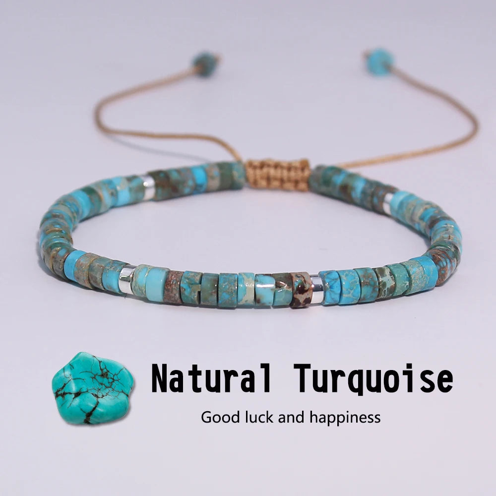 *Turquoise Stone Beaded Bracelet – Adjustable Woven Rope Ethnic Bracelet for Women & Men