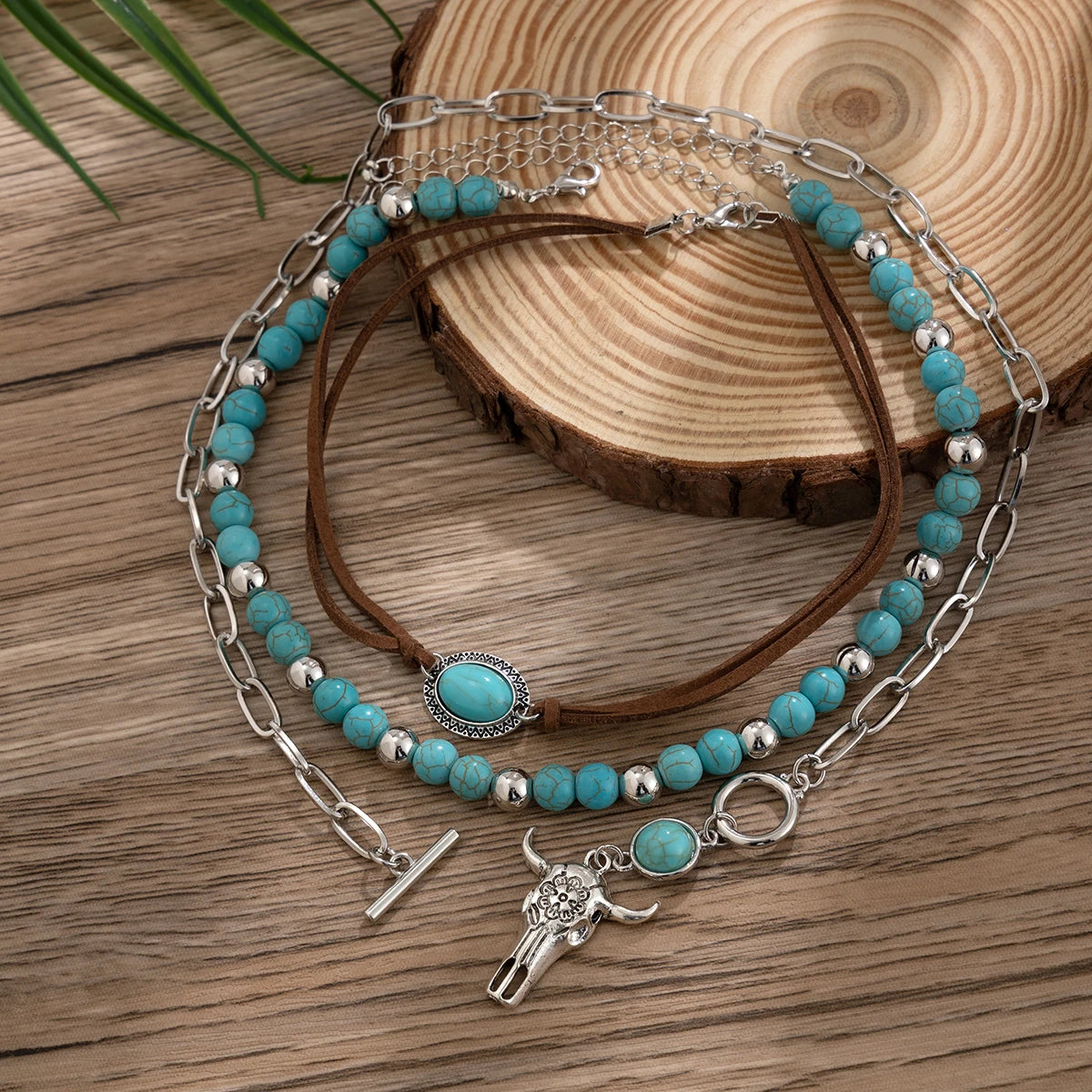 Vintage Ethnic Bull Head Necklace Set for Women – Turquoise Stone Beads Pendant Clavicle Chain (3pcs)