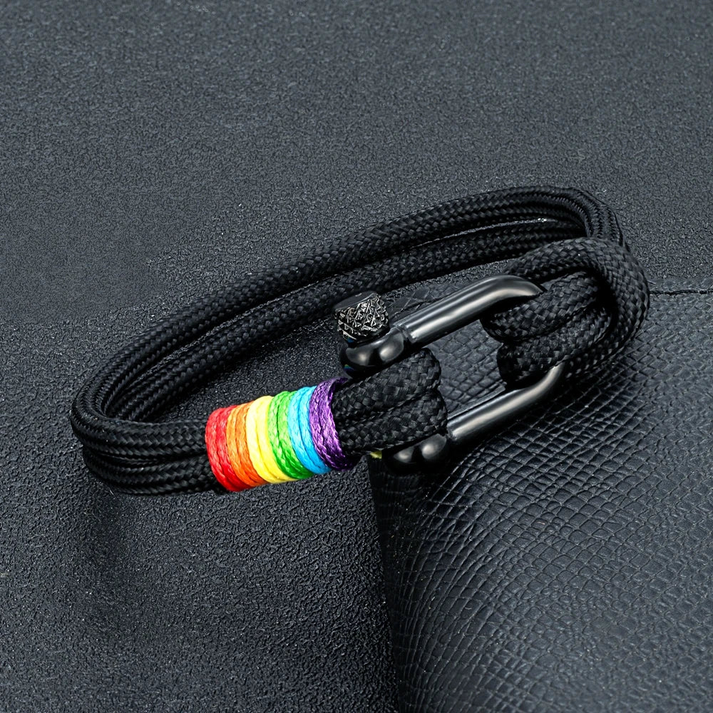 MKENDN Unisex Black Stainless Steel U-Shape Rainbow Bracelet – Trendy Couple Wristband with Paracord Rope; Hidden Safety Clasp