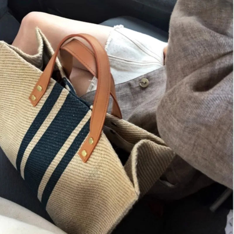 Women’s Canvas Stripe Bucket Bag – Large Capacity Casual Tote with Top Handle & Crossbody Shoulder Strap