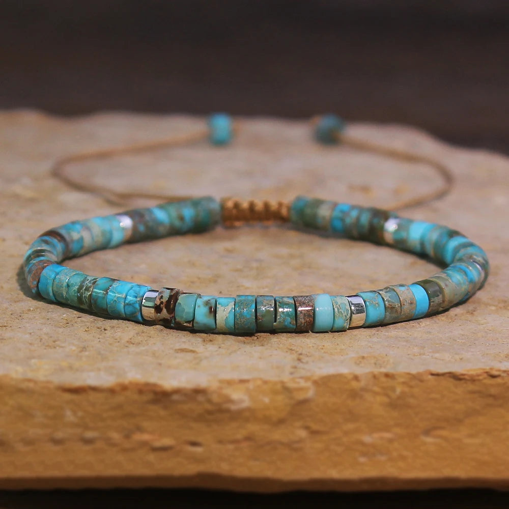 *Turquoise Stone Beaded Bracelet – Adjustable Woven Rope Ethnic Bracelet for Women & Men