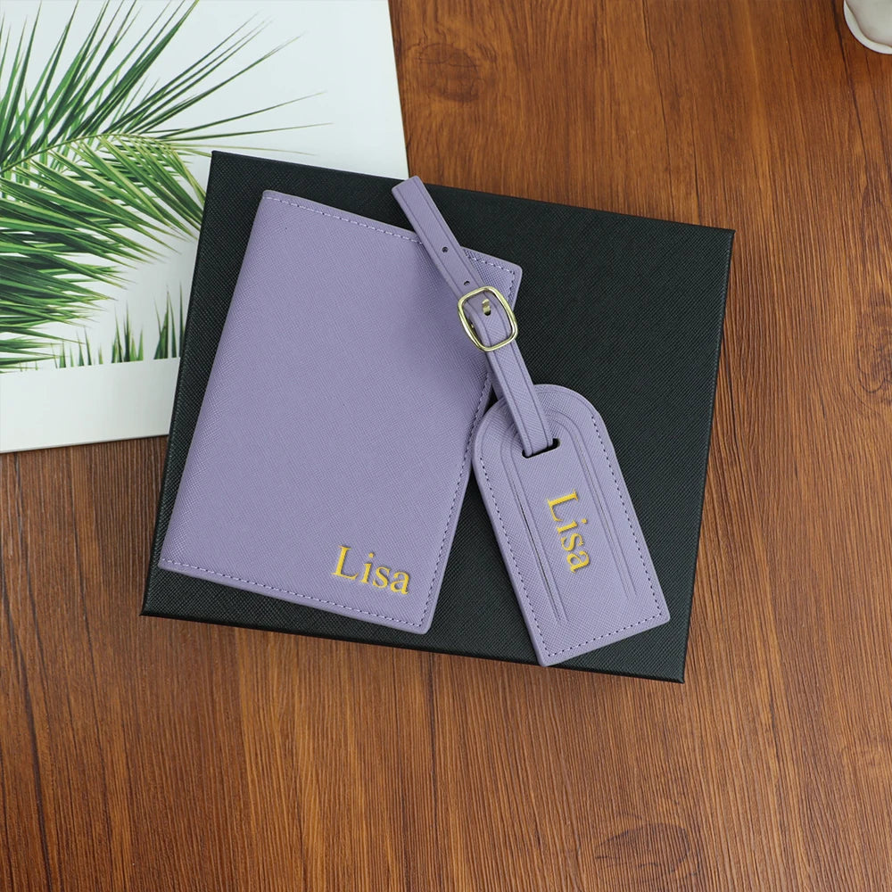 Personalized PU Leather Passport Holder; Luggage Tag Set – Custom Monogram Travel Gift for Men &amp; Women
