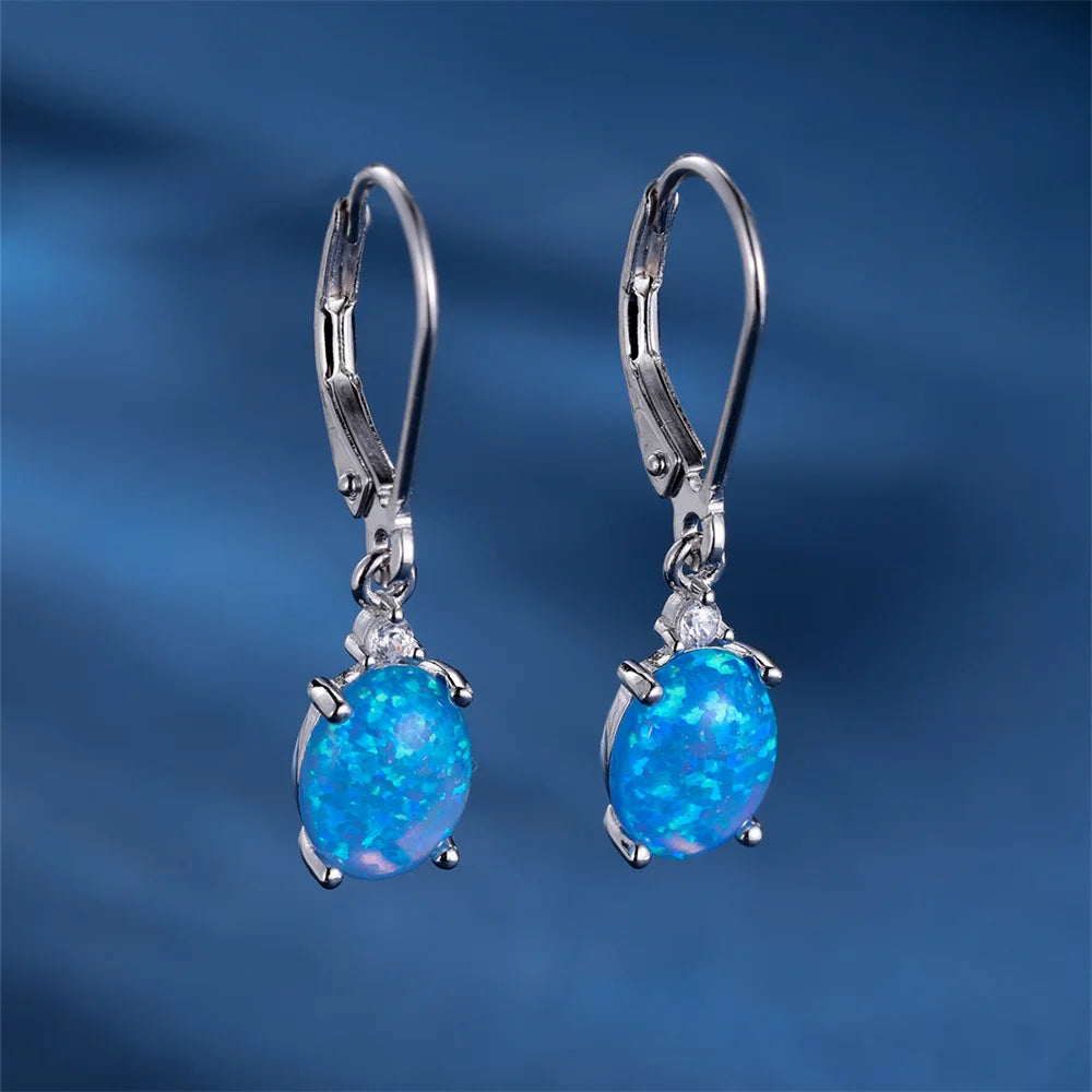 White Blue Opal Oval Hoop Earrings for Women – Stainless Steel Romantic Wedding; Engagement Jewelry
