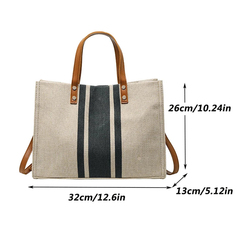 Women’s Canvas Stripe Bucket Bag – Large Capacity Casual Tote with Top Handle & Crossbody Shoulder Strap