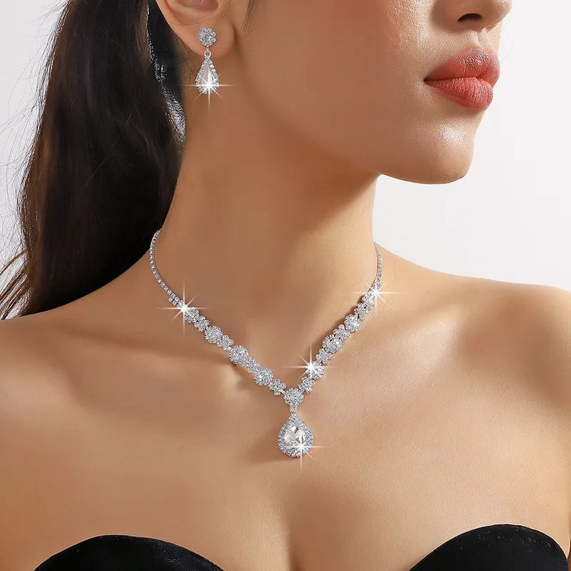 Women’s Crystal Teardrop Jewelry Set – 3-Piece Wedding Necklace; Earrings Set | Elegant Bridal; Evening Dress Accessories
