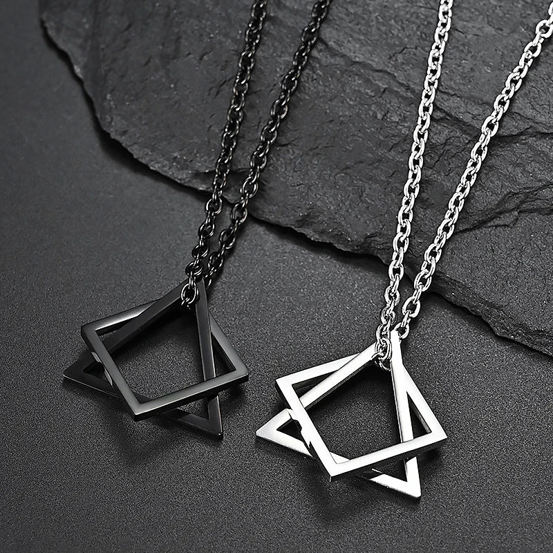 Unisex Geometric Stainless Steel Pendant Necklace – Punk Triangle; Square Interlocking Chain