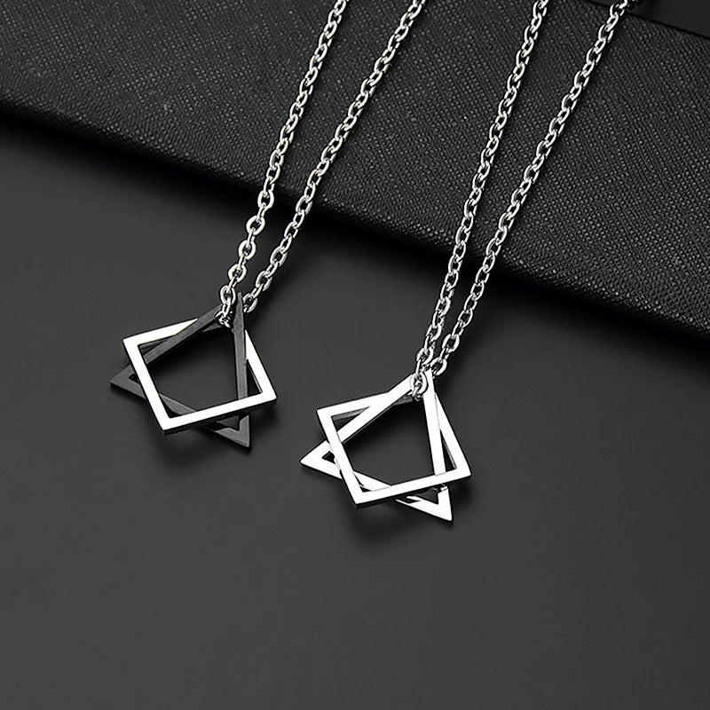 Unisex Geometric Stainless Steel Pendant Necklace – Punk Triangle; Square Interlocking Chain