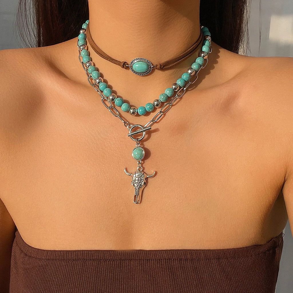 Vintage Ethnic Bull Head Necklace Set for Women – Turquoise Stone Beads Pendant Clavicle Chain (3pcs)