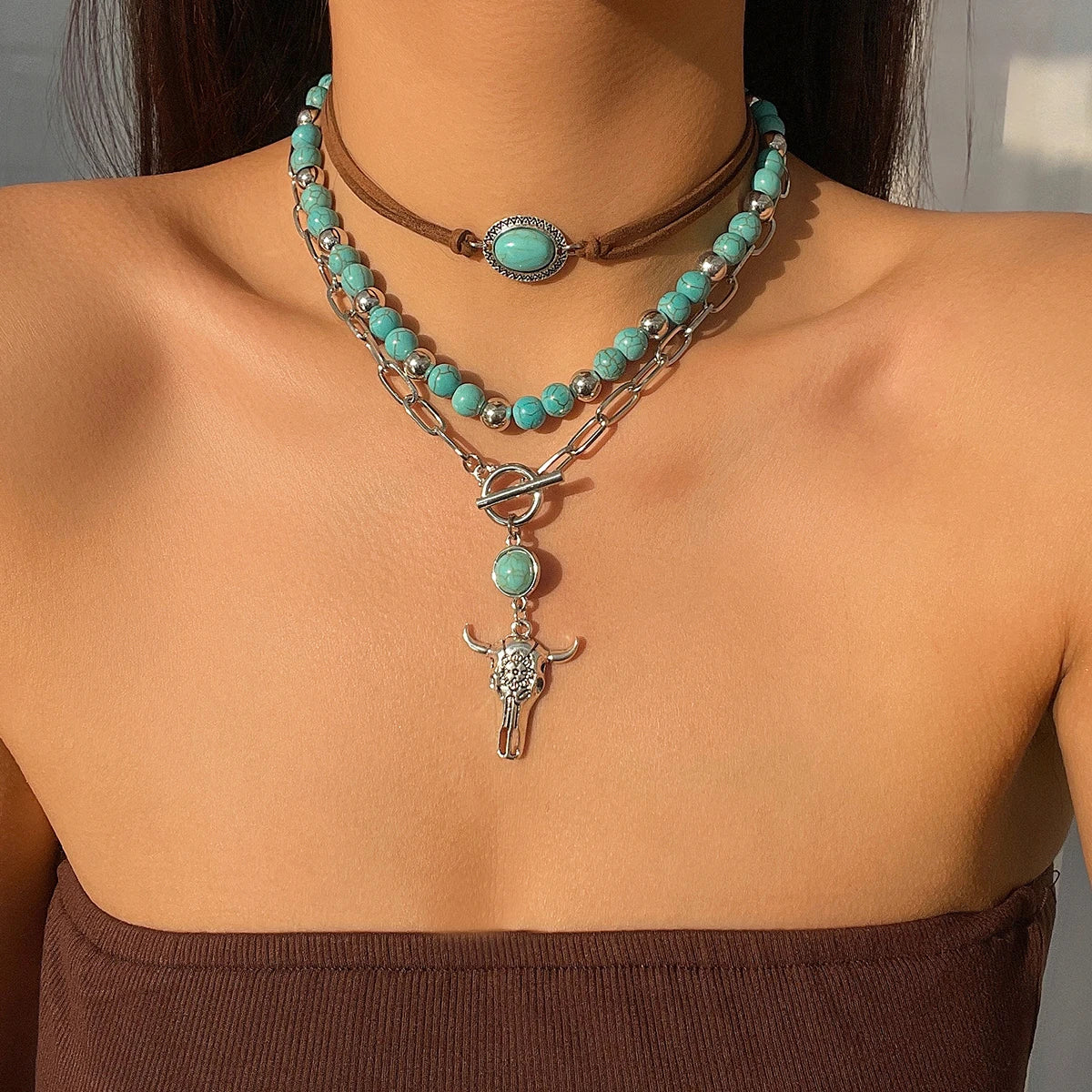 Vintage Ethnic Bull Head Necklace Set for Women – Turquoise Stone Beads Pendant Clavicle Chain (3pcs)
