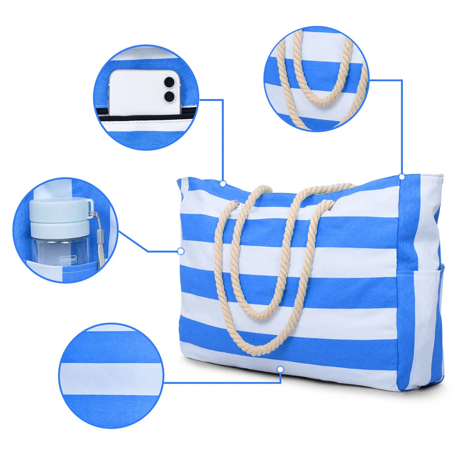 Waterproof Beach Bag Canvas | Foldable Striped Travel Tote Large Capacity Outdoor Bag