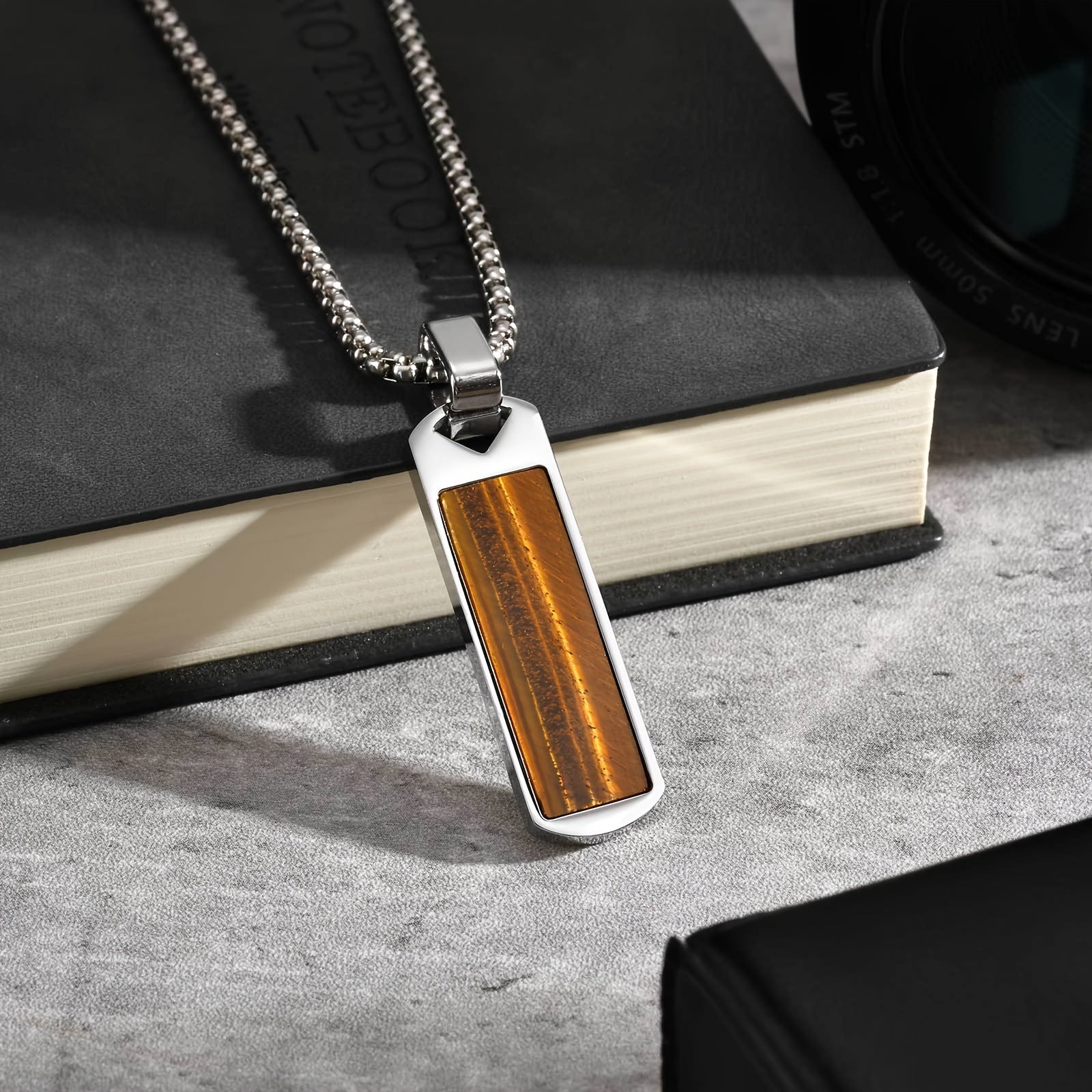 *Men’s Natural Lapis Lazuli Bar Pendant Necklace – 304 Stainless Steel Rectangular Stone Jewelry Gift