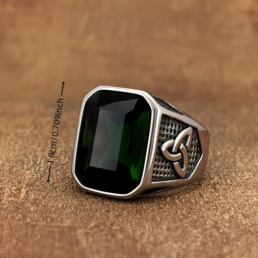 Vintage Celtic Knot Stainless Steel Ring with Synthetic Zircon – Hip Hop Unisex Wedding Engagement Band (Green/Blue/Red/Black)
