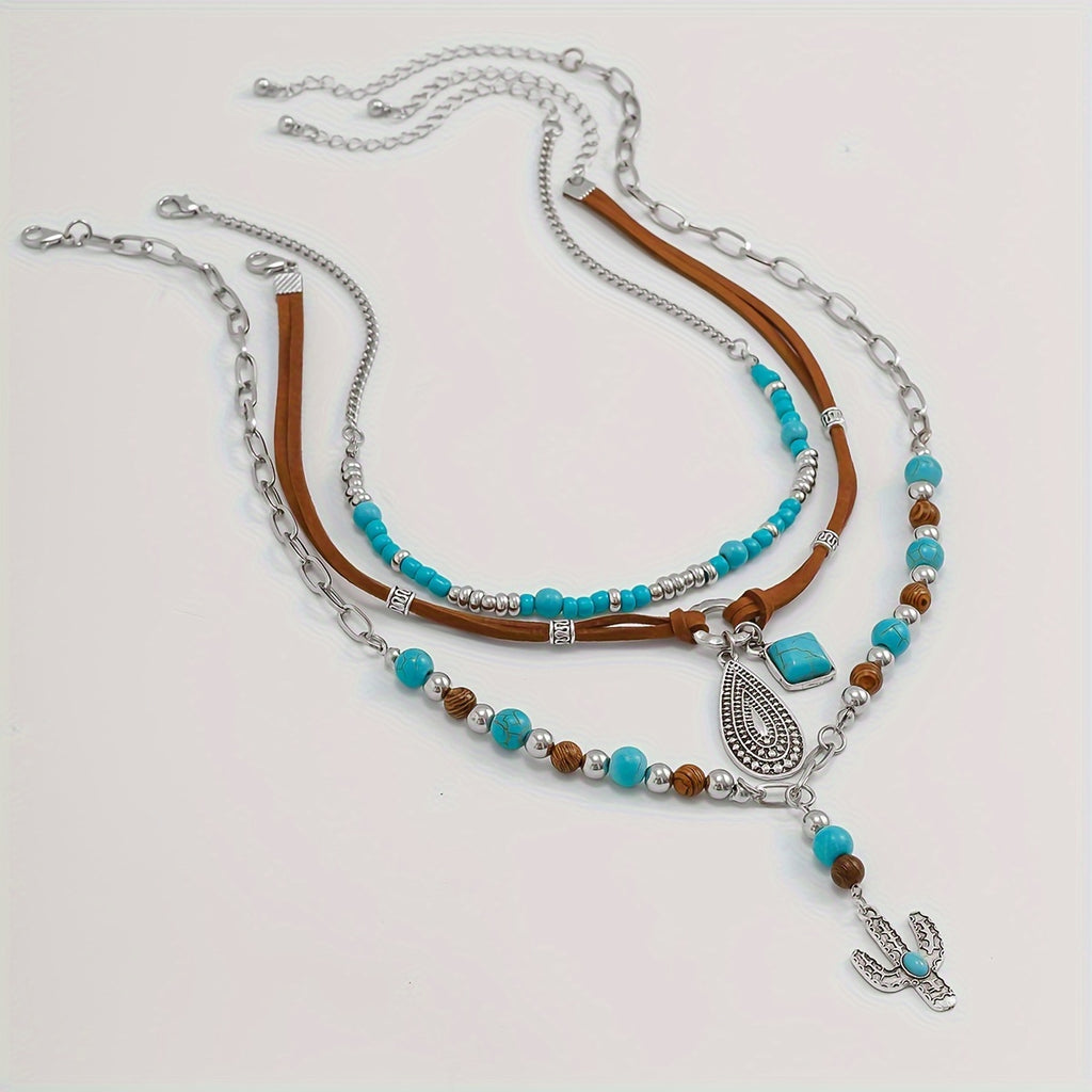 3PCS Retro Turquoise Beaded Sweater Necklace Set – Boho Vintage Brown Velvet Layered Necklace Jewelry for Women