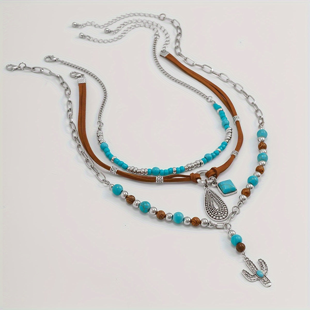 3PCS Retro Turquoise Beaded Sweater Necklace Set – Boho Vintage Brown Velvet Layered Necklace Jewelry for Women