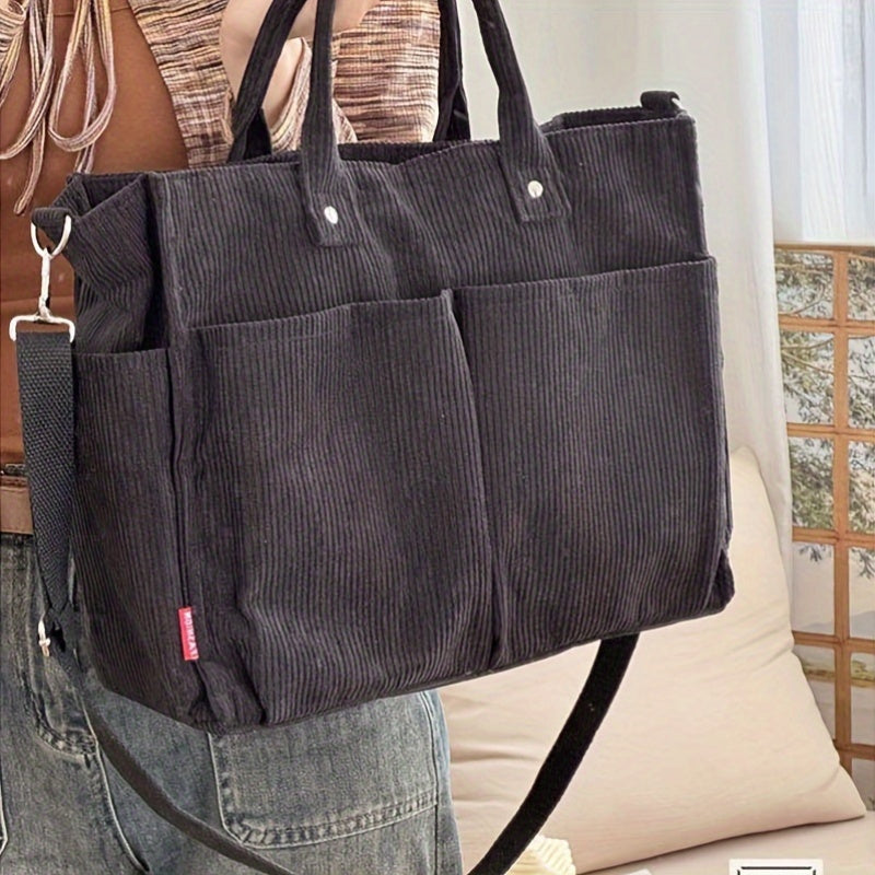 Japanese Style Corduroy Tote Bag with Multiple Pockets – Large Capacity Casual Commuter Shoulder Bag for Autumn, Winter