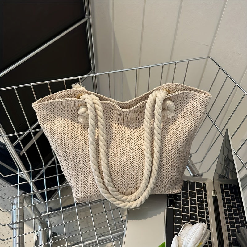Large Capacity Woven Beach Tote Bag – Solid Color Pastoral Style Shoulder Bag for Vacation & Summer Travel