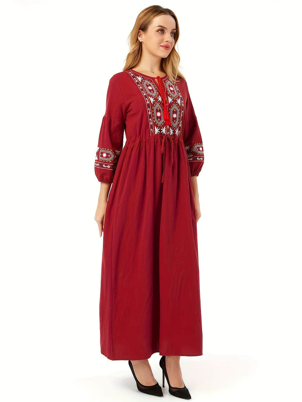 Embroidered Cotton Dress Women | Tie Neck Floral Boho Long Dress with Lantern Sleeves