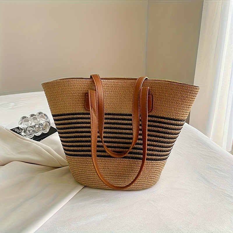 Large Capacity Straw Beach Bag – Handwoven Striped Summer Tote Bag for Vacation & Travel