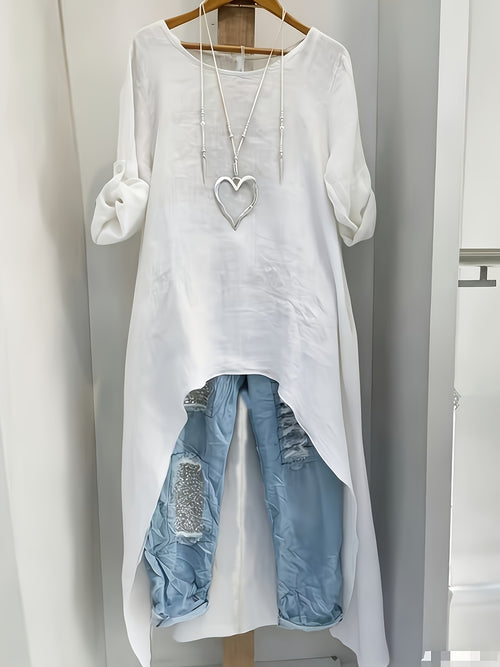 *Women’s Linen Asymmetrical Long Top – Loose Fit Vintage Tunic with Dipped Hem for Spring & Autumn
