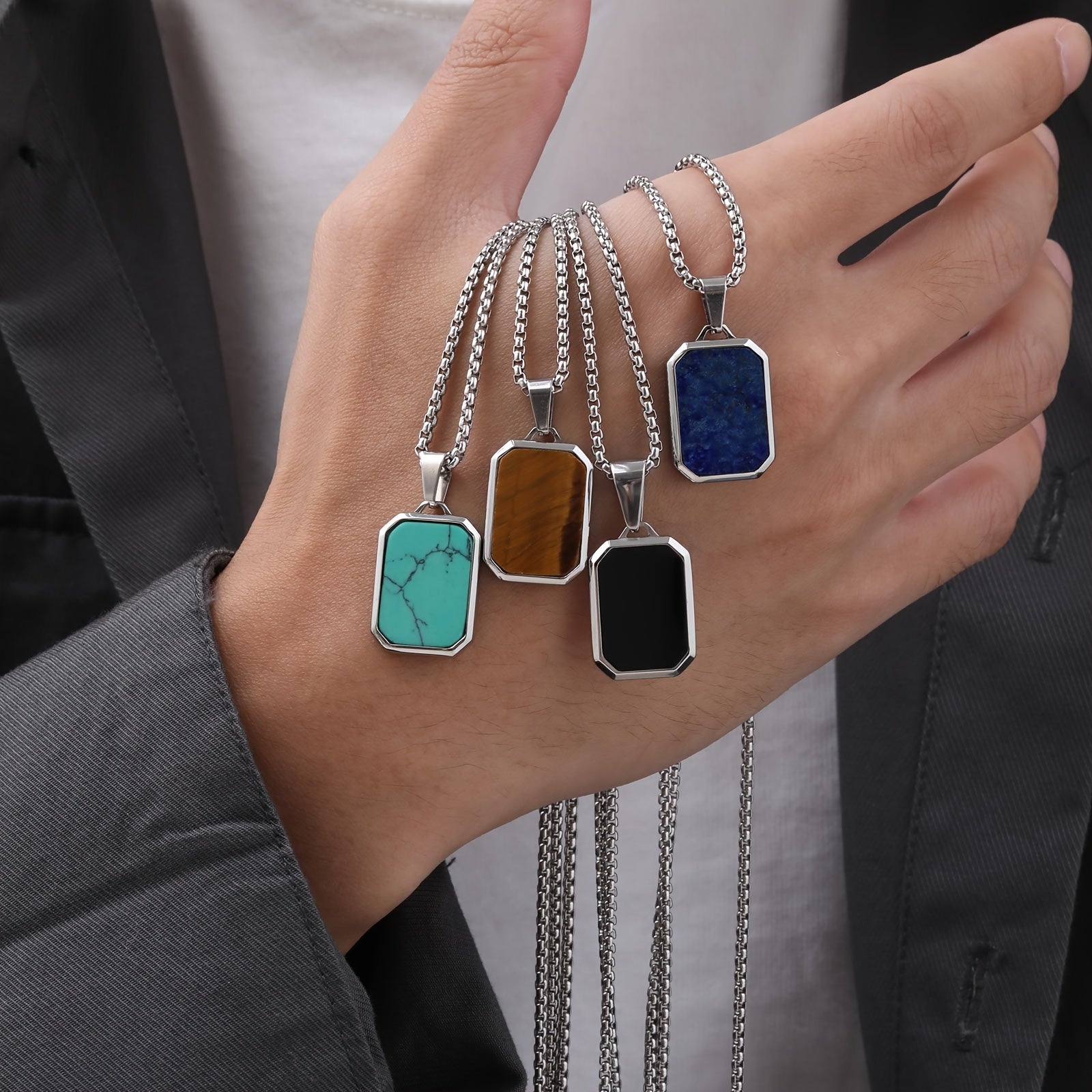 *Men’s 3D Rectangular Natural Stone Pendant Necklace – Green & Brown Geometric Stainless Steel Jewelry | Fashion Gift for Him