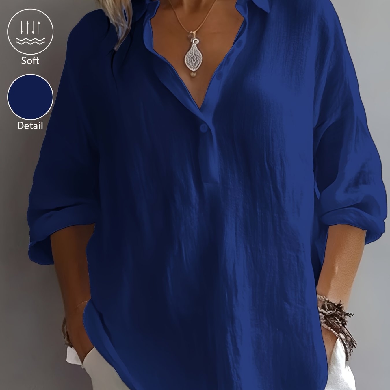 Women’s Classic Cotton Shirt – 3/4 Sleeve Button-Up Lapel Collar Blouse for Office & Casual Wear