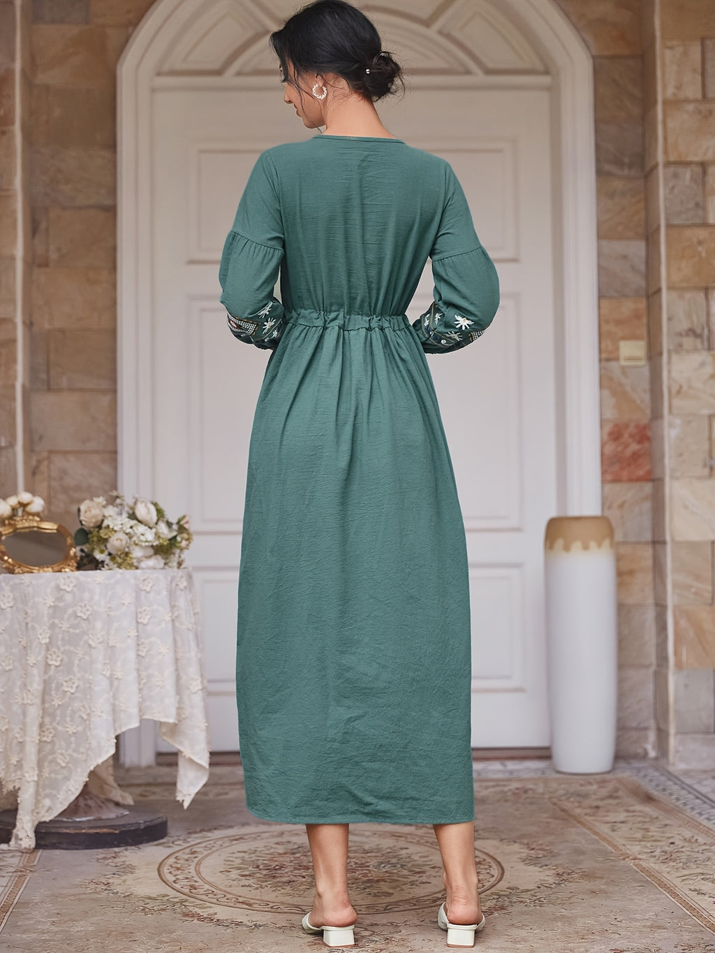 Embroidered Cotton Dress Women | Tie Neck Floral Boho Long Dress with Lantern Sleeves