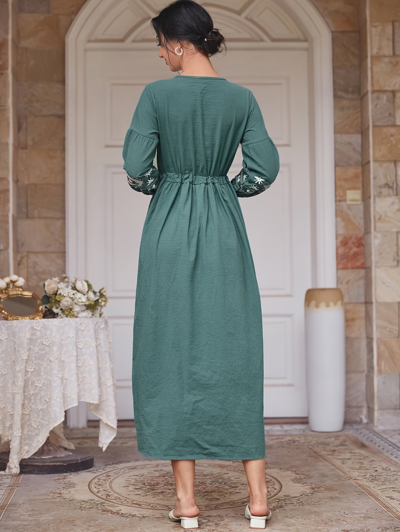 Embroidered Cotton Dress Women | Tie Neck Floral Boho Long Dress with Lantern Sleeves