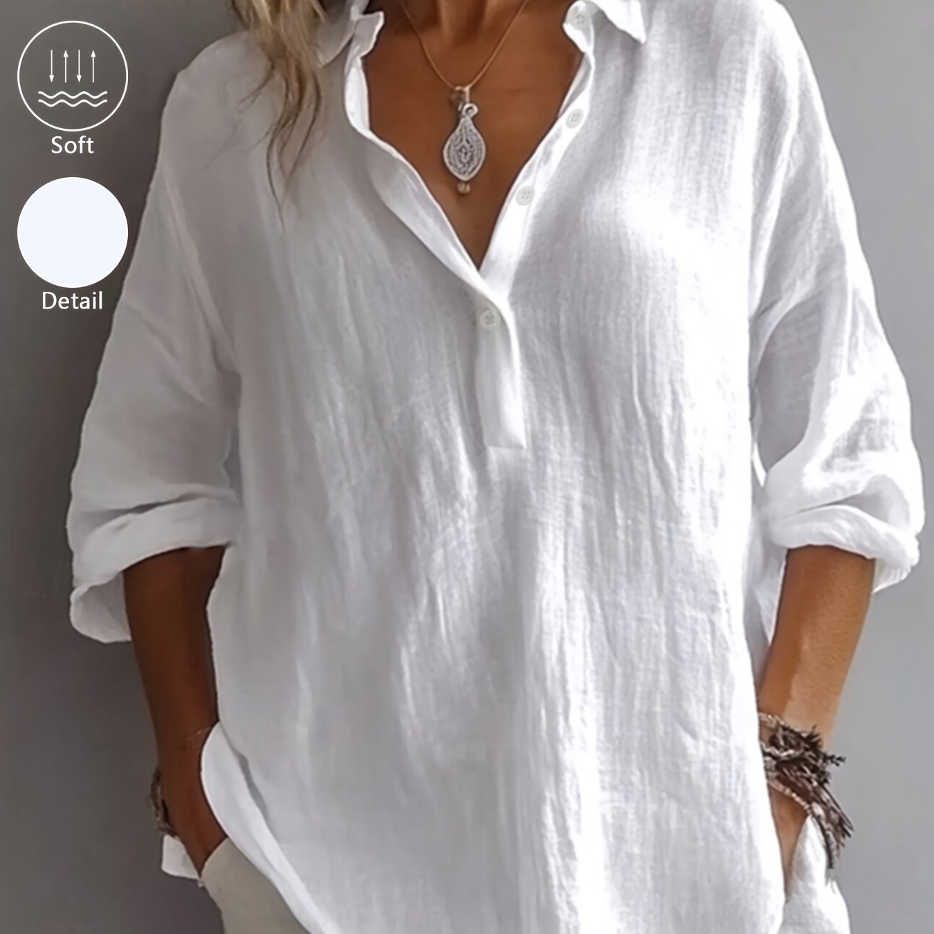 Women’s Classic Cotton Shirt – 3/4 Sleeve Button-Up Lapel Collar Blouse for Office & Casual Wear