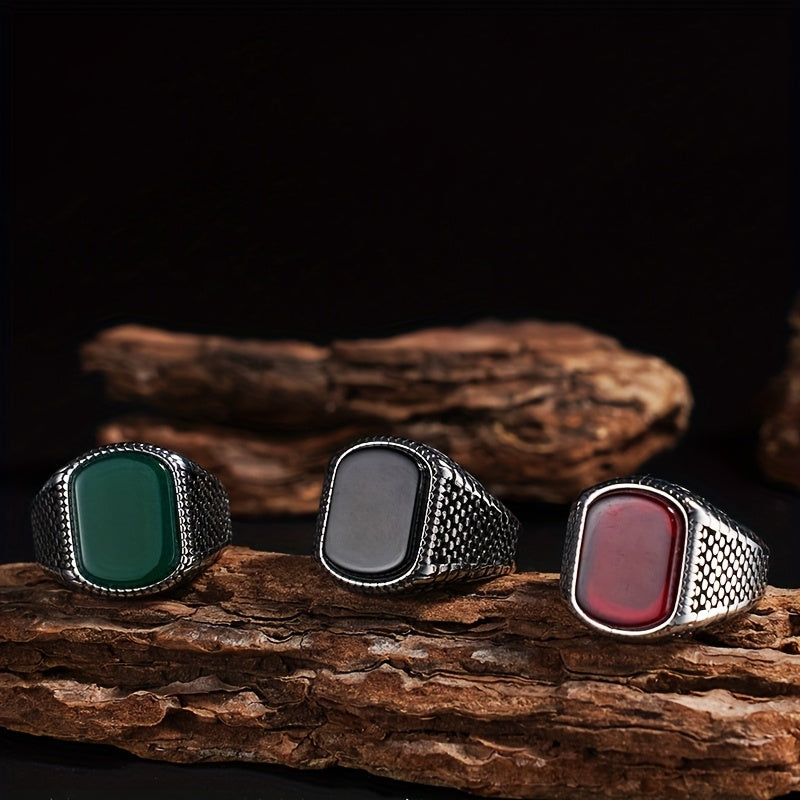 Men’s Vintage 316L Stainless Steel Ring with Natural Tiger’s Eye Stone – Durable Statement Signet Ring for Casual Formal Wear