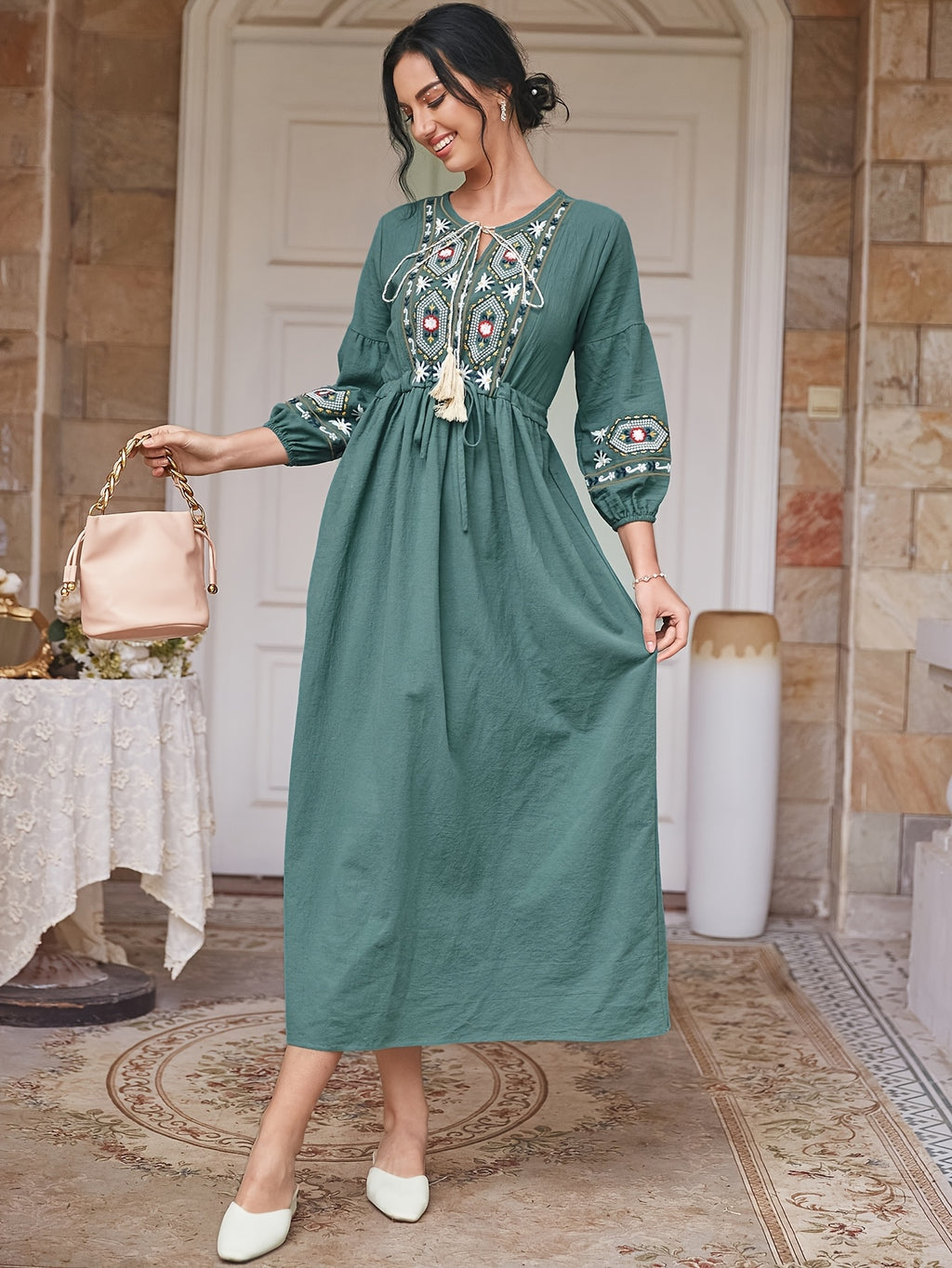 Embroidered Cotton Dress Women | Tie Neck Floral Boho Long Dress with Lantern Sleeves