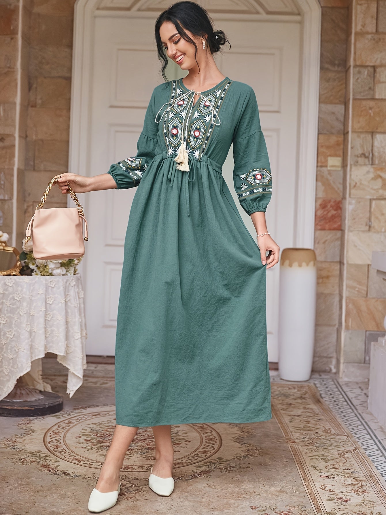 Embroidered Cotton Dress Women | Tie Neck Floral Boho Long Dress with Lantern Sleeves