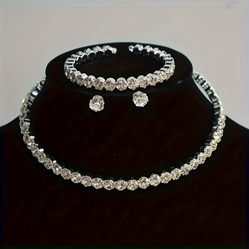 *Luxury Rhinestone Bridal Jewelry Set – 3 Piece Necklace, Earring; Bracelet Set – 14K Gold Plated Wedding Jewelry for Brides