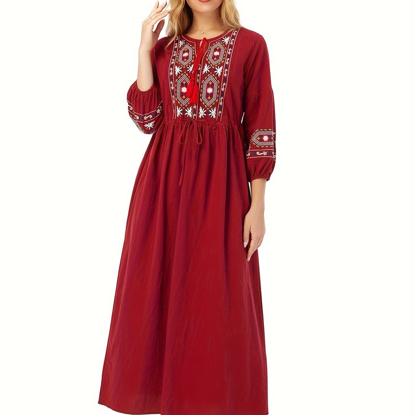 Embroidered Cotton Dress Women | Tie Neck Floral Boho Long Dress with Lantern Sleeves