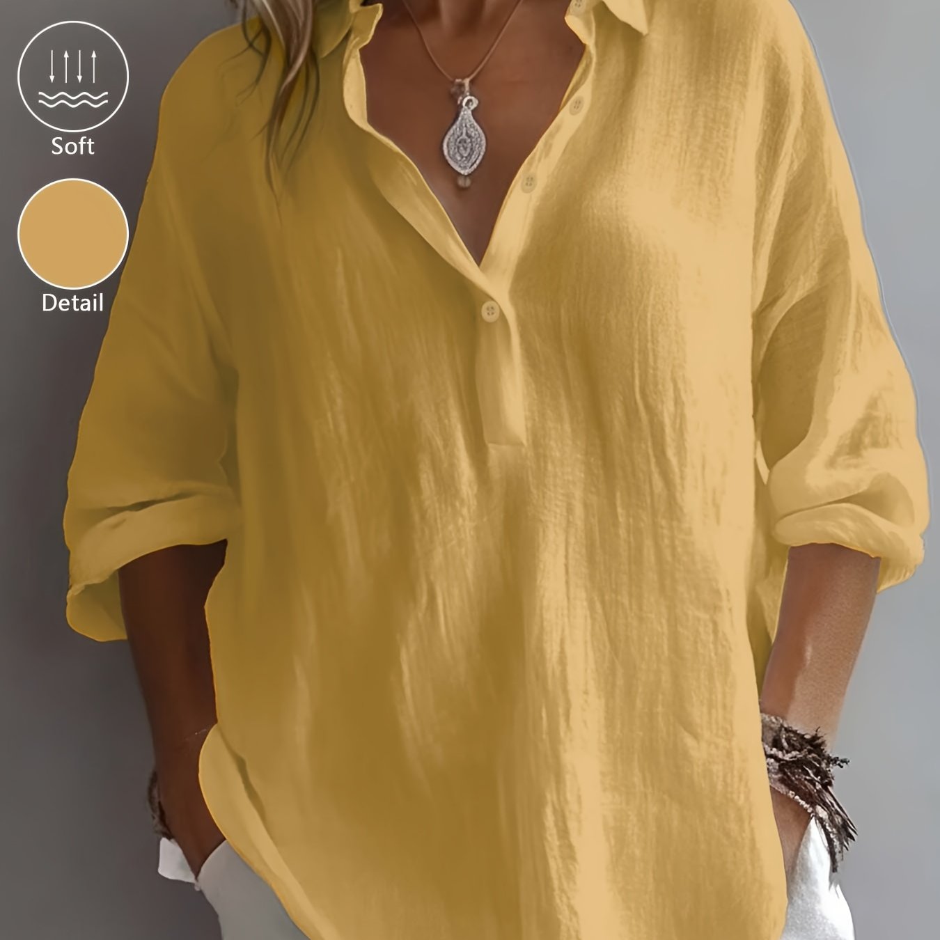 Women’s Classic Cotton Shirt – 3/4 Sleeve Button-Up Lapel Collar Blouse for Office & Casual Wear