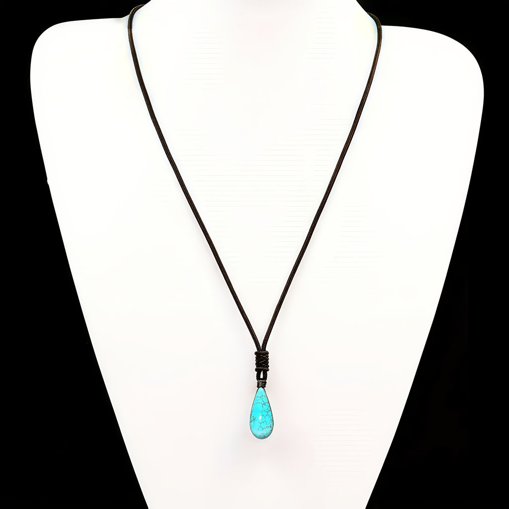Teardrop Turquoise Necklace – Natural Stone Boho Pendant | Lucky Water Drop Sweater Chain for Women