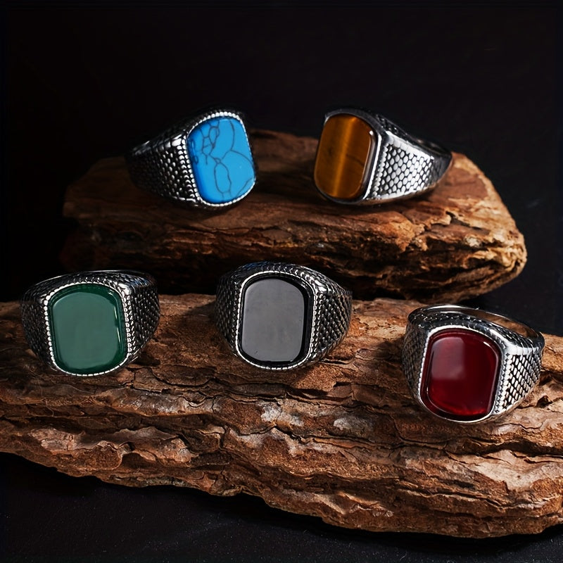 Men’s Vintage 316L Stainless Steel Ring with Natural Tiger’s Eye Stone – Durable Statement Signet Ring for Casual Formal Wear