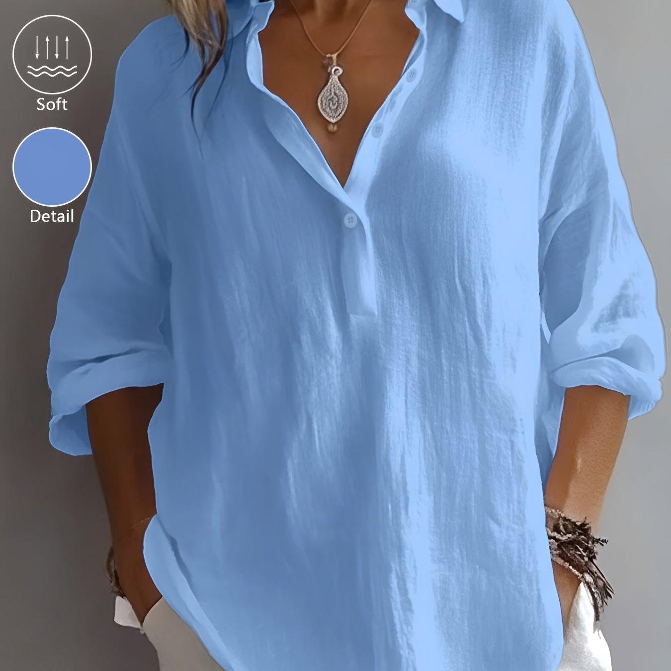 Women’s Classic Cotton Shirt – 3/4 Sleeve Button-Up Lapel Collar Blouse for Office & Casual Wear