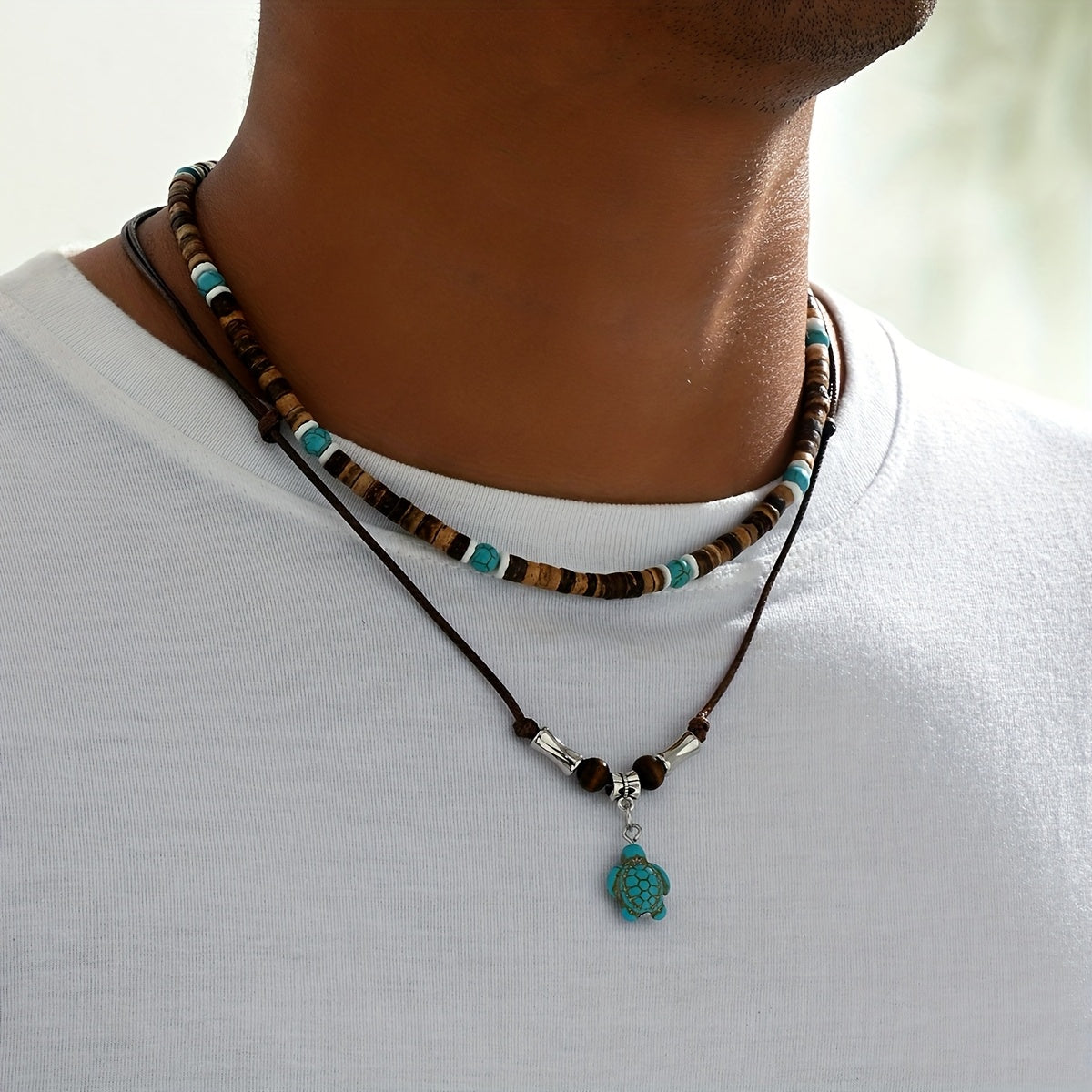 Men’s Bohemian Turtle Beaded Necklace Set (2pcs) – Wooden Beads with Turquoise; Coral Accents, December Birthstone Gift Jewelry