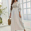 Embroidered Cotton Dress Women | Tie Neck Floral Boho Long Dress with Lantern Sleeves