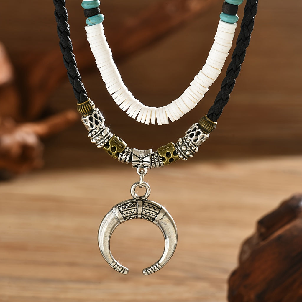 2PCS Men’s Crescent Moon Wooden Bead Necklace Set – Trendy Boho Moon Pendant Style Wood Bead Fashion Necklace