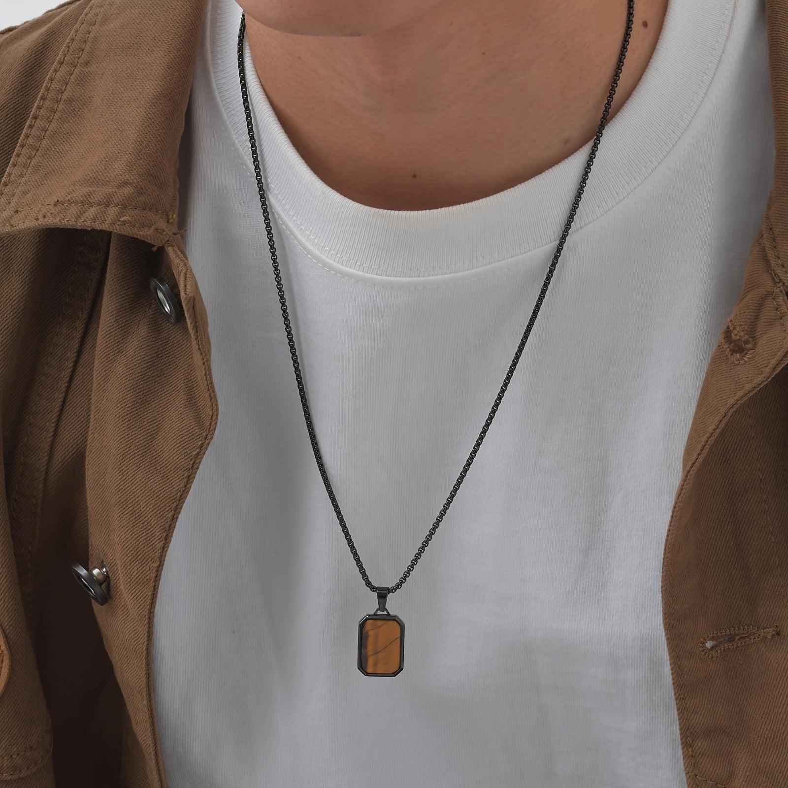 *Men’s 3D Rectangular Natural Stone Pendant Necklace – Green & Brown Geometric Stainless Steel Jewelry | Fashion Gift for Him