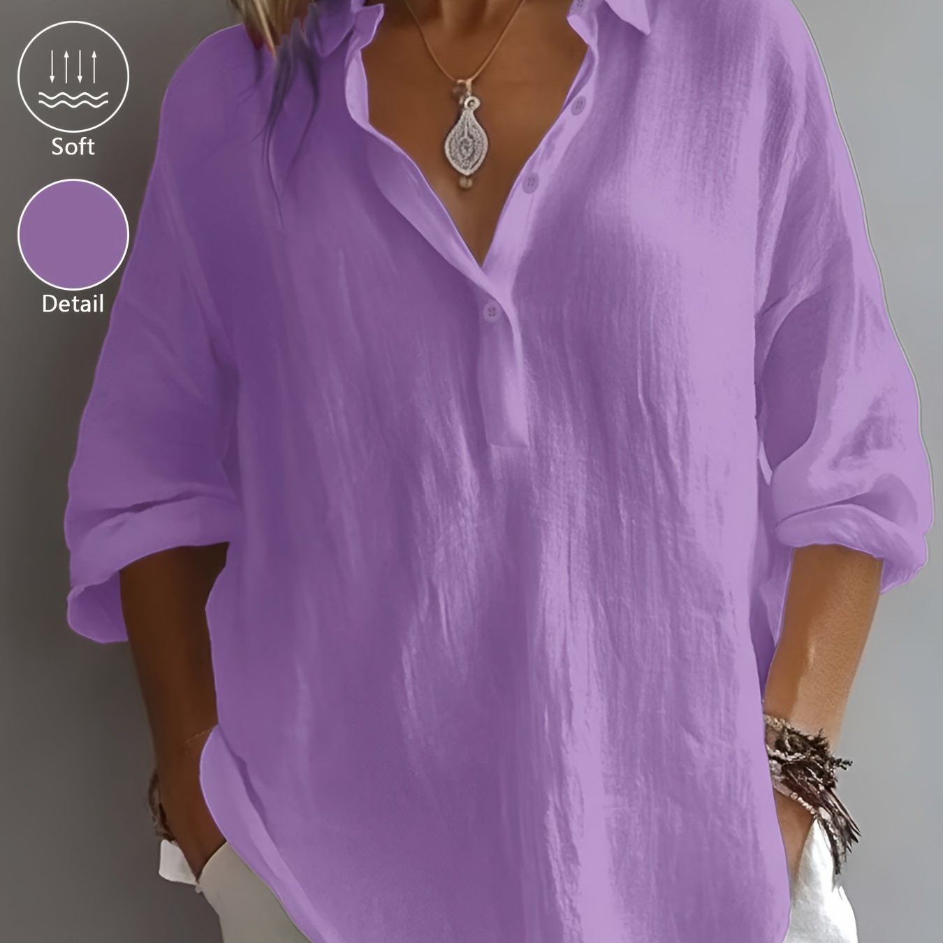Women’s Classic Cotton Shirt – 3/4 Sleeve Button-Up Lapel Collar Blouse for Office & Casual Wear